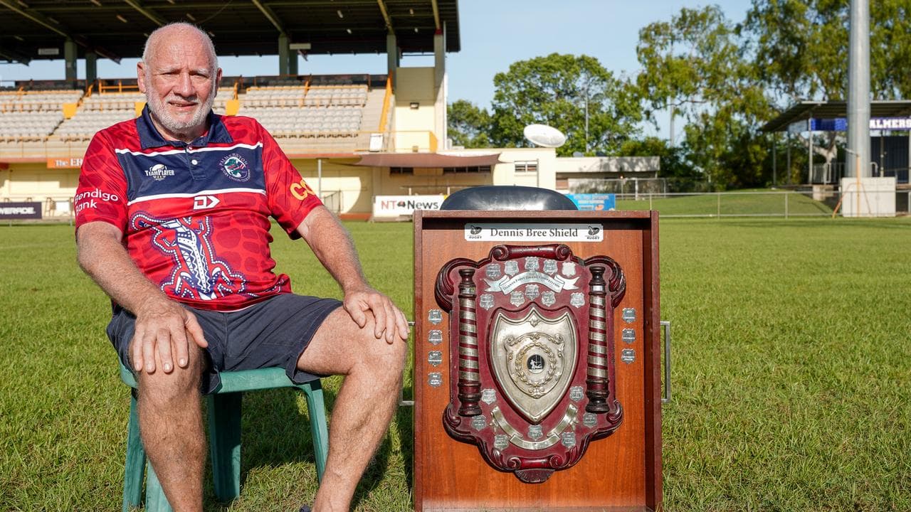 290323 - NT Rugby - 71-year-old Dennis Bree received a standing ovation when he ran on the ground for the grand final. Photo: Pema Tamang Pakhrin
