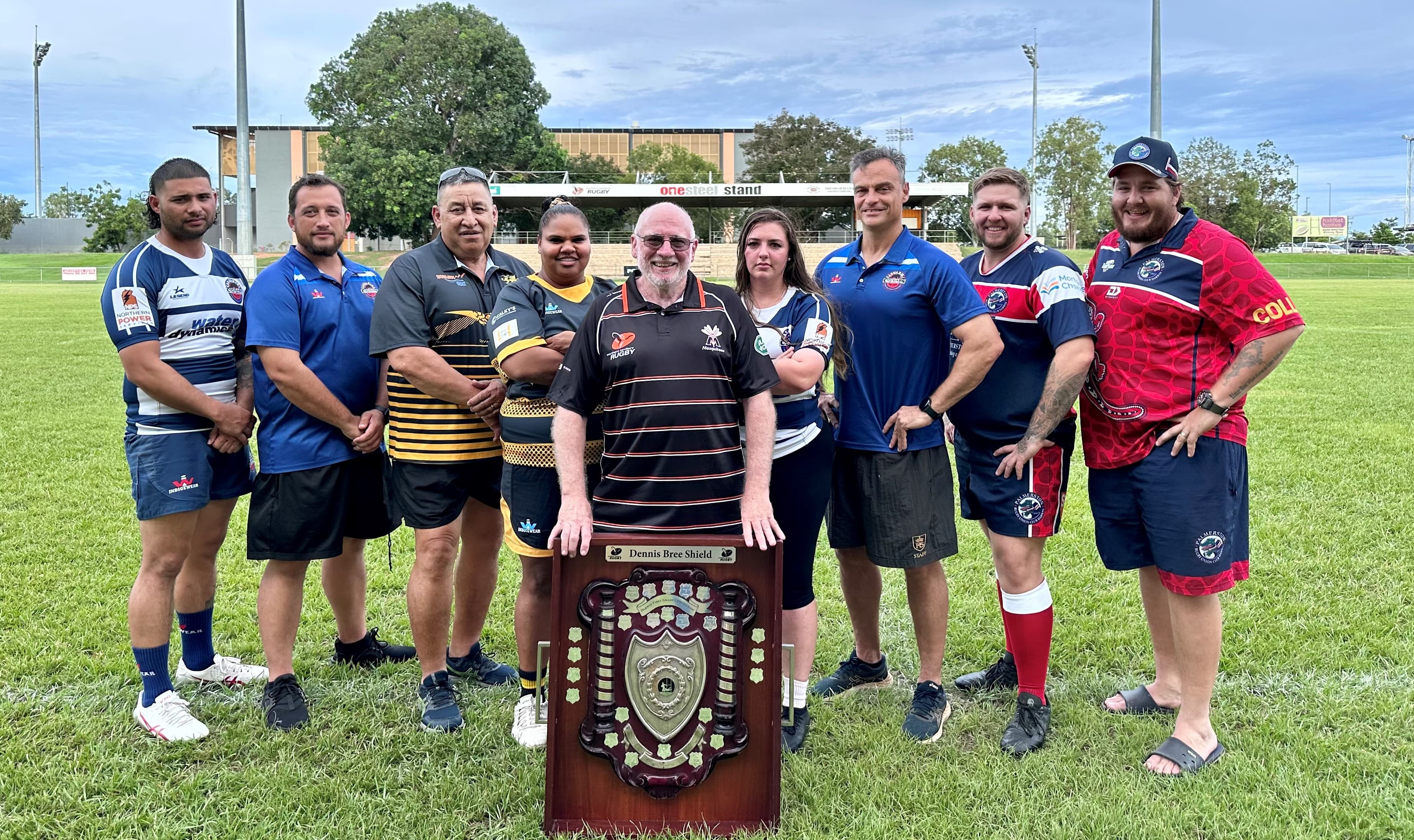 Dennis Bree (centre) with Saturday's senior grand final captains and coaches.