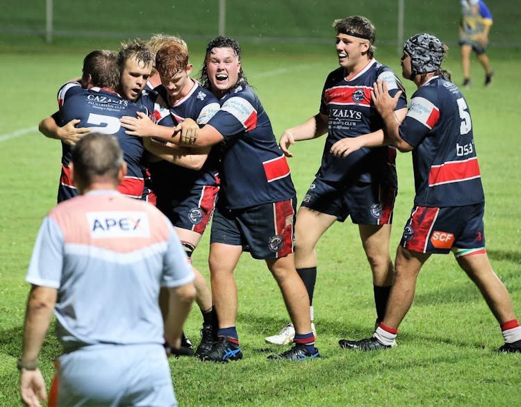 Palmerston celebrate a try during their upset QF win over South Darwin. Picture: From the Sideline Sports Photography